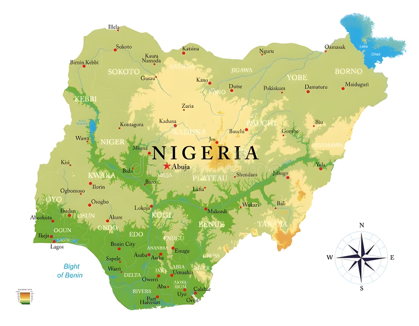 Relief map of Nigeria showing states, cities and terrain
